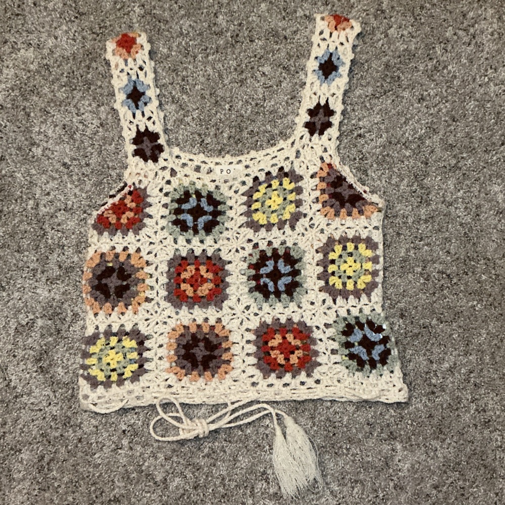 POL Crochet Granny Square Tie Front Tank Top Boho Festival Knit M